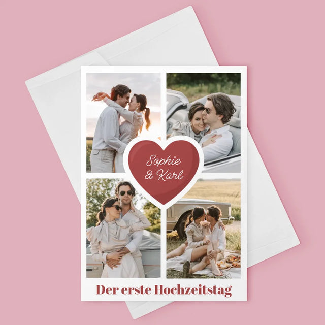 Fotocollage: Erster Hochzeitstag Herz - Glückwunschkarte