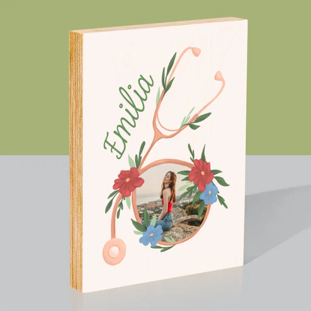 Foto Und Unterschrift: Stethoskop Blumen - Druck Auf Holz