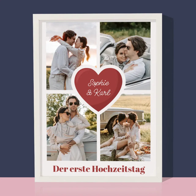 Fotocollage: Erster Hochzeitstag Herz - Druck Mit Rahmen 30X40