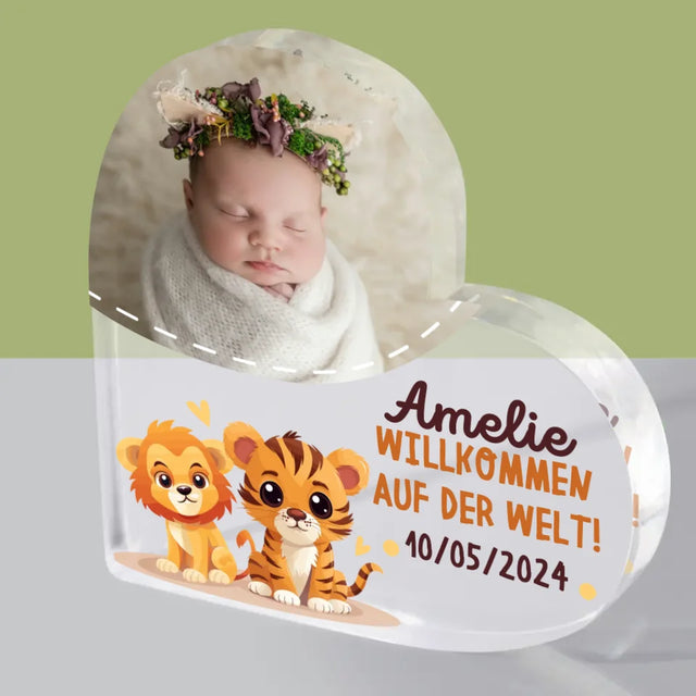 Foto Und Unterschrift: Willkommen Auf Der Welt - Acrylblock Herz