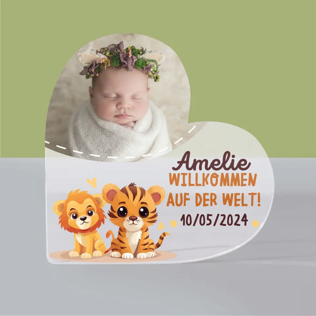 Foto Und Unterschrift: Willkommen Auf Der Welt - Acrylblock Herz