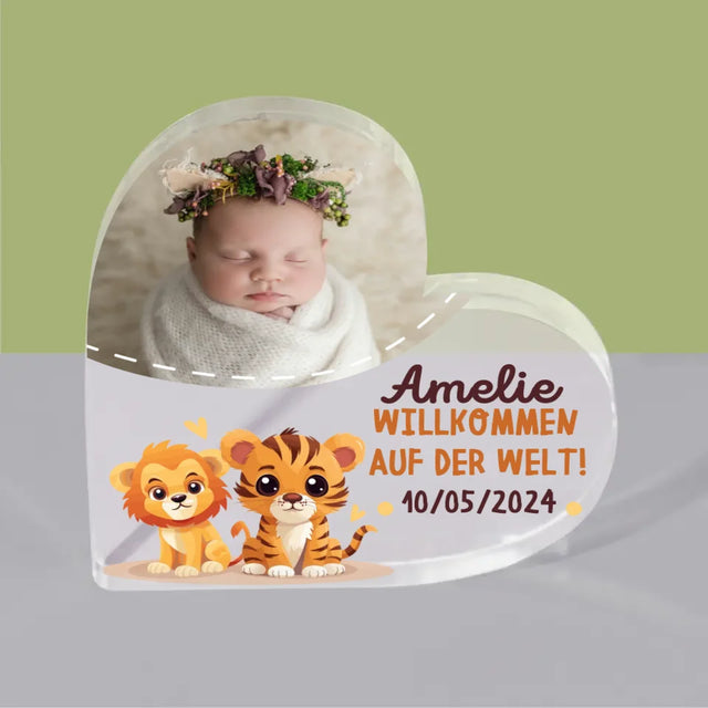 Foto Und Unterschrift: Willkommen Auf Der Welt - Acrylblock Herz