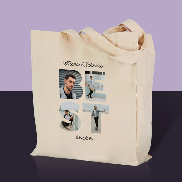 Buchstaben-Collage: Best Teacher - Stofftasche