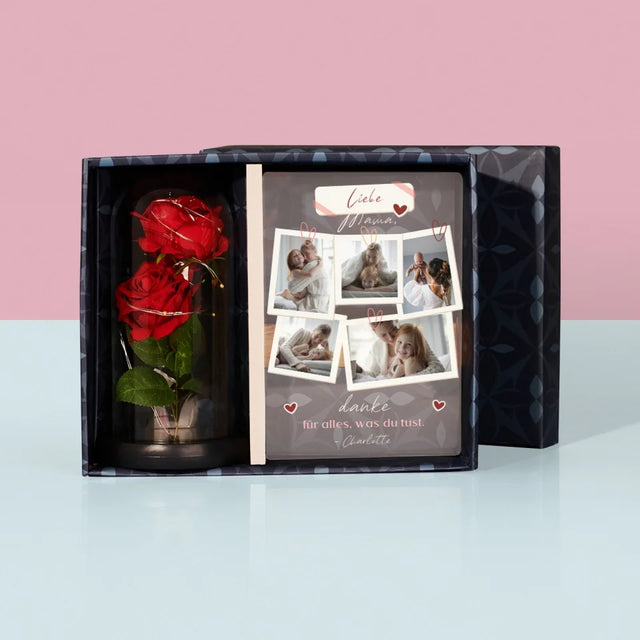 Fotocollage: Mama, Danke Für Alles - Geschenkset Mit Druck Auf Acrylglas Und Ewiger Rose