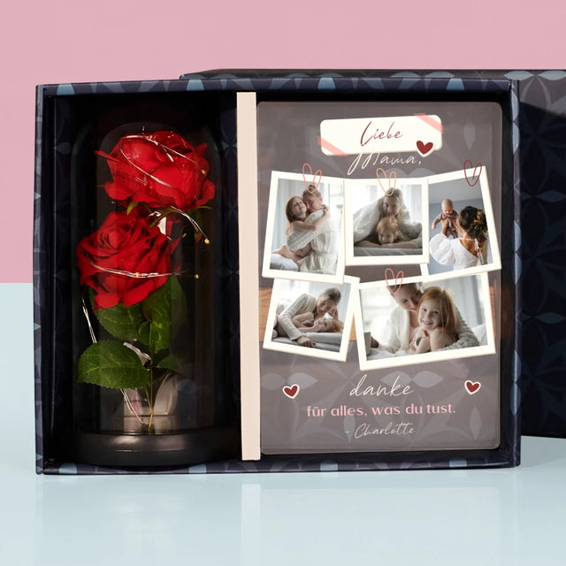 Fotocollage: Mama, Danke Für Alles - Geschenkset Mit Druck Auf Acrylglas Und Ewiger Rose