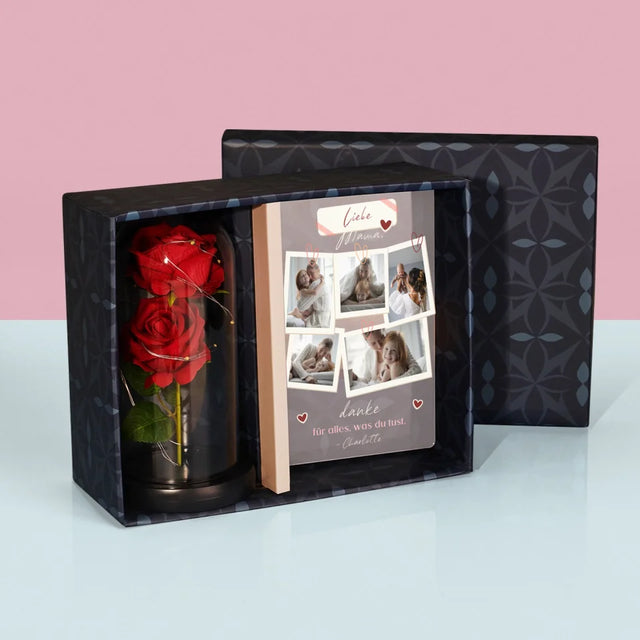 Fotocollage: Mama, Danke Für Alles - Geschenkset Mit Druck Auf Acrylglas Und Ewiger Rose