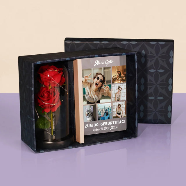 Fotocollage: Geburtstags-Collage - Geschenkset Mit Druck Auf Acrylglas Und Ewiger Rose