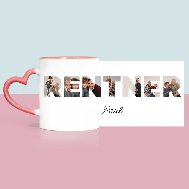 Buchstaben-Collage: Rentner - Tasse