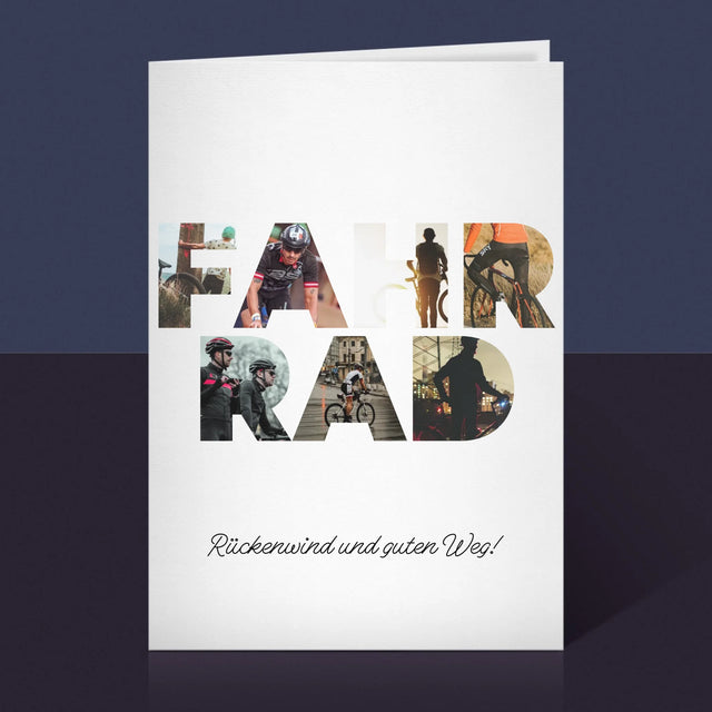 Buchstaben-Collage: Fahrrad - Glückwunschkarte