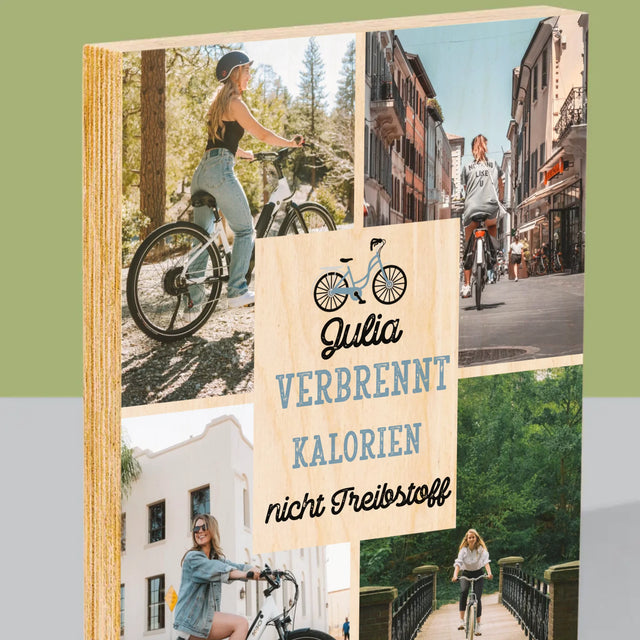 Fotocollage: Verbrennt Kalorien, Nicht Treibstoff - Druck Auf Holz