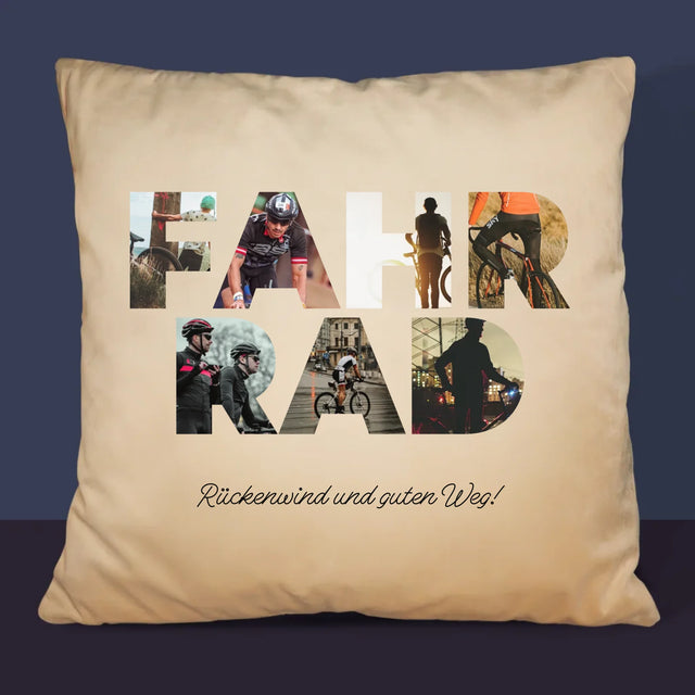 Buchstaben-Collage: Fahrrad - Kissen