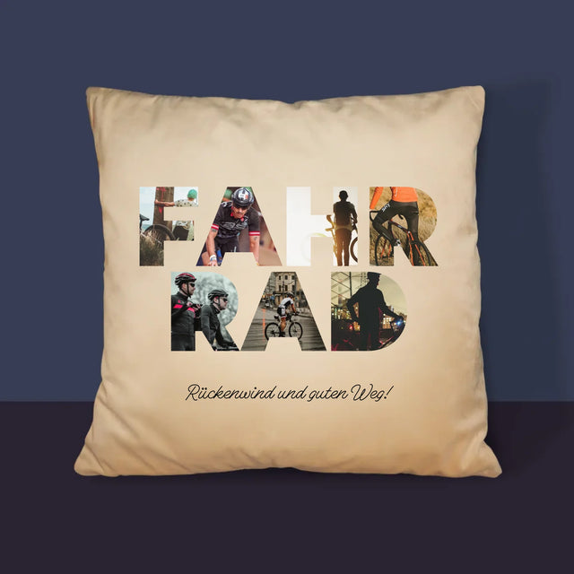 Buchstaben-Collage: Fahrrad - Kissen