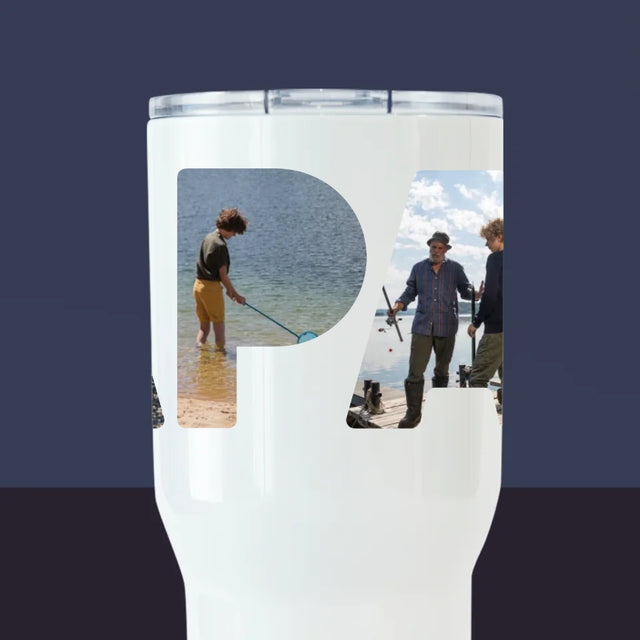 Buchstaben-Collage: Papa - Angler - Thermobecher Weiß