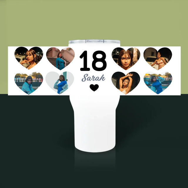 Fotocollage: 18 Herzen - Thermobecher Weiß