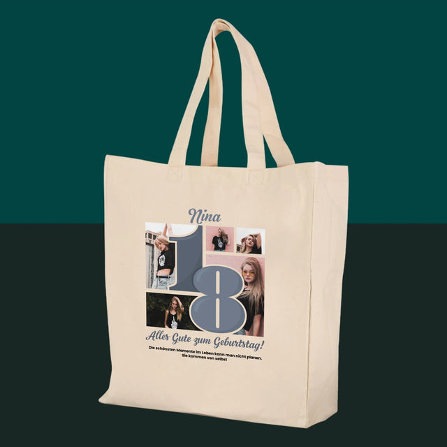 Fotocollage: 18 schönste Momente – Canvastasche mit Aufdruck | DE