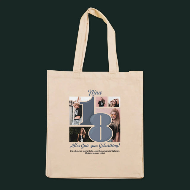 Fotocollage: 18 schönste Momente – Canvastasche mit Aufdruck | DE