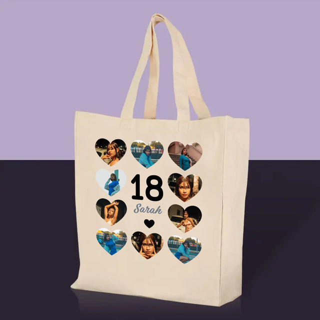 Fotocollage: 18 Herzen - Canvastasche mit Druck | DE
