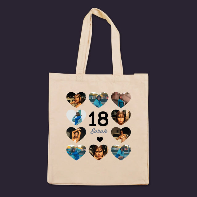 Fotocollage: 18 Herzen - Canvastasche mit Druck | DE