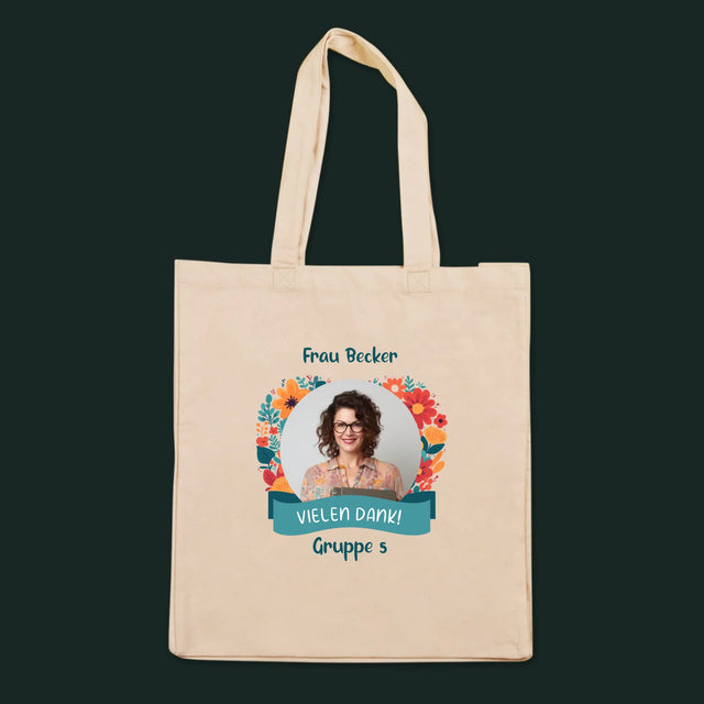 Foto und Bildunterschrift: Danke an die Kindergärtnerin - Canvas-Tasche mit Aufdruck | DE