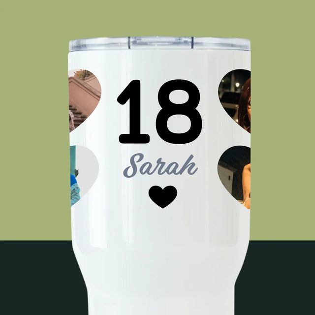 Fotocollage: 18 Herzen - Thermobecher Weiß