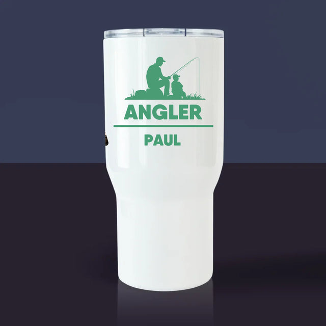 Buchstaben-Collage: Papa - Angler - Thermobecher Weiß