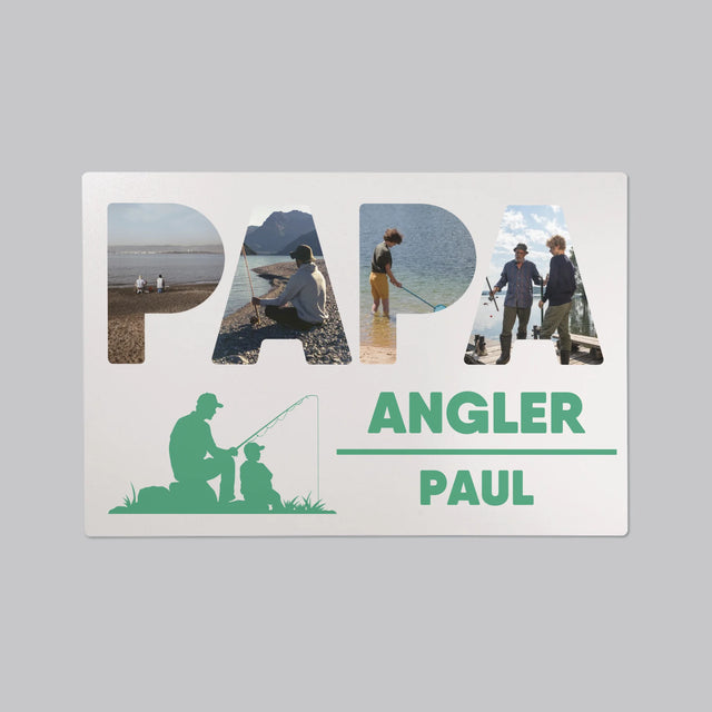 Buchstaben-Collage: Papa - Angler - Schreibtischunterlage