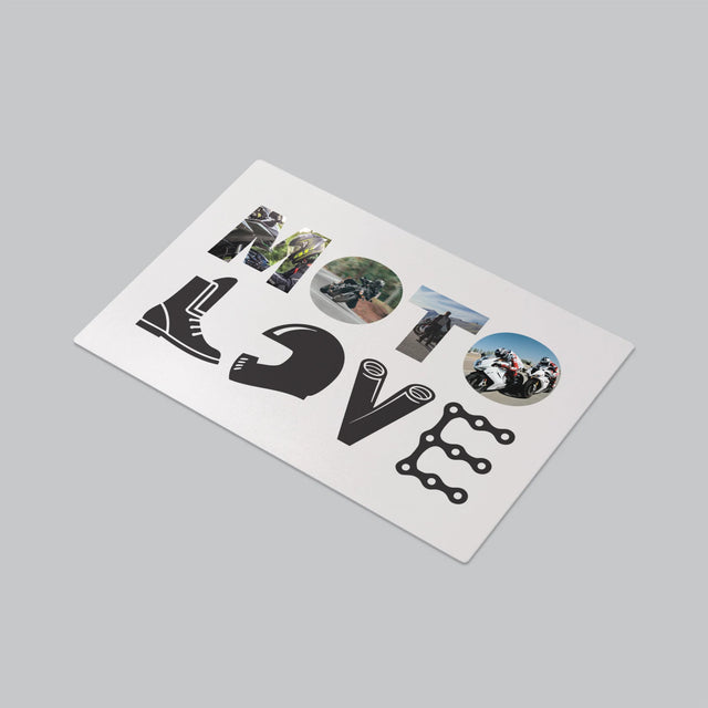 Buchstaben-Collage: Motolove - Schreibtischunterlage