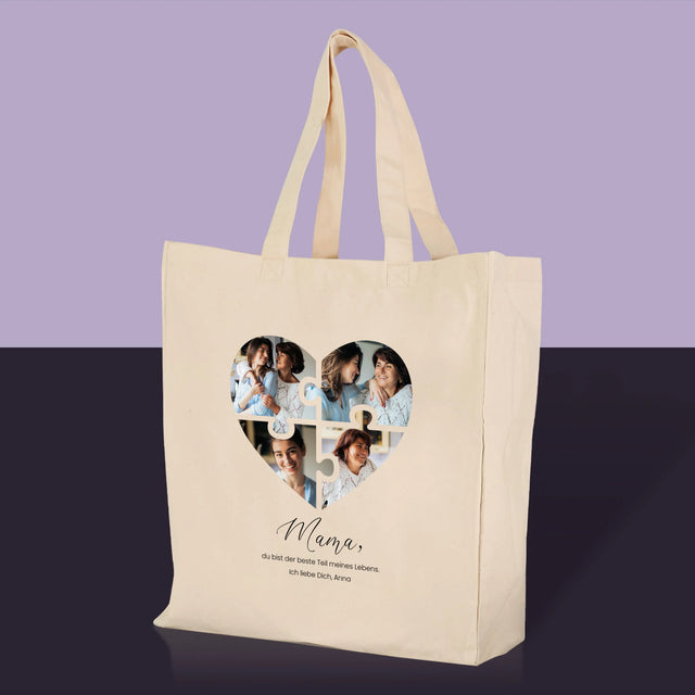 Fotocollage: Herz Puzzle Für Mama - Stofftasche