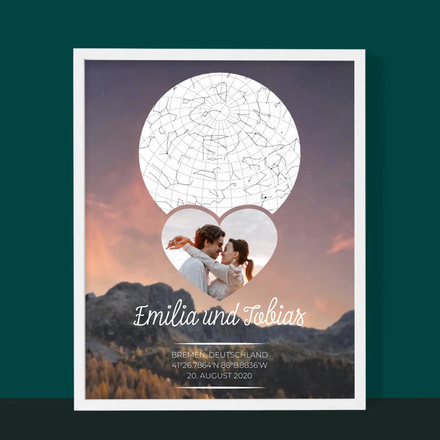 Sternkarte: Verliebtes Paar In Den Bergen - Druck Mit Rahmen 30X40