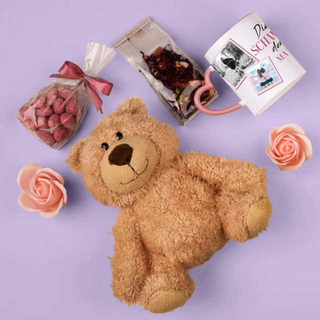 Fotocollage: Beste Schwester Der Welt - Geschenkset Mit Tasse, Teddybär Und Süßigkeiten