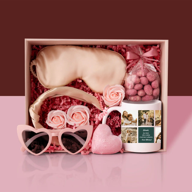 Fotocollage: Liebe Collage - Geschenkset Mit Einer Tasse Und Einem Satin-Haarband