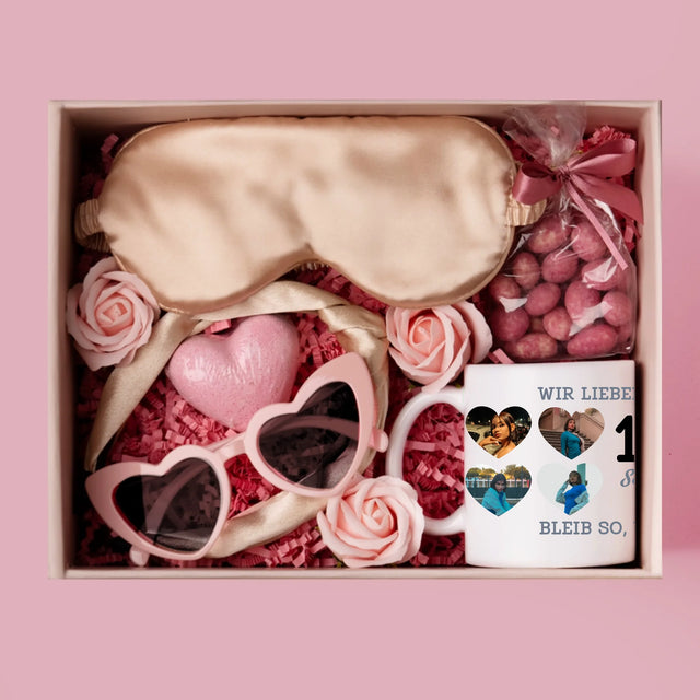 Fotocollage: 18 Herzen - Geschenkset Mit Einer Tasse Und Einem Satin-Haarband