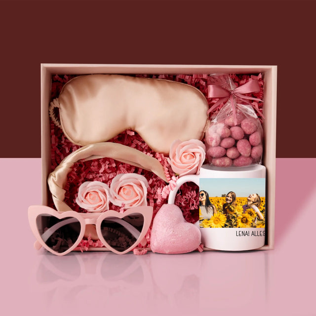 Fotocollage: 2 Fotos Und Unterschrift - Geschenkset Mit Einer Tasse Und Einem Satin-Haarband