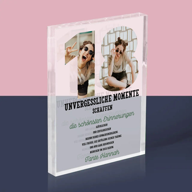 Buchstaben-Collage: 18. Geburtstag - Acrylblock