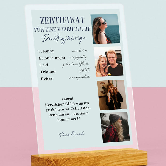 Fotocollage: Zertifikat Für Eine Vorbildliche Dreißigjährige - Druck Auf Acrylglas