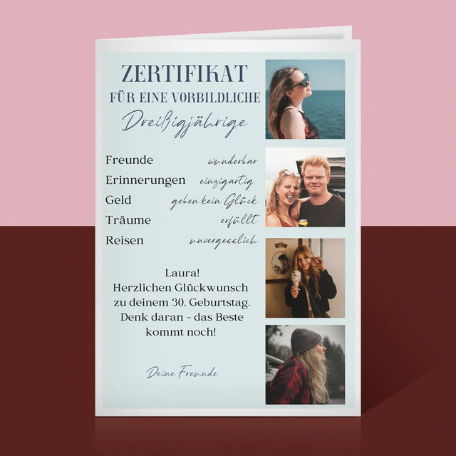 Fotocollage: Zertifikat Für Eine Vorbildliche Dreißigjährige - Glückwunschkarte