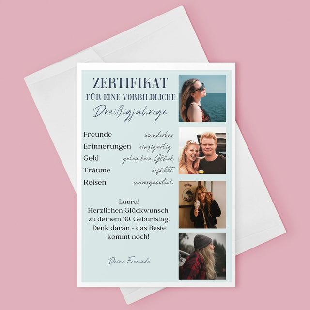 Fotocollage: Zertifikat Für Eine Vorbildliche Dreißigjährige - Glückwunschkarte