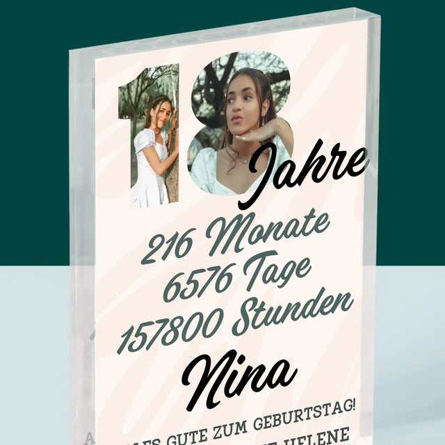 Buchstaben-Collage: 18 Jahre Countdown - Acrylblock