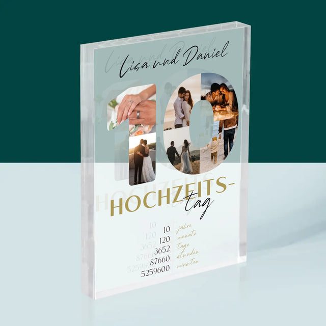 Buchstaben-Collage: 10. Hochzeitstag - Acrylblock