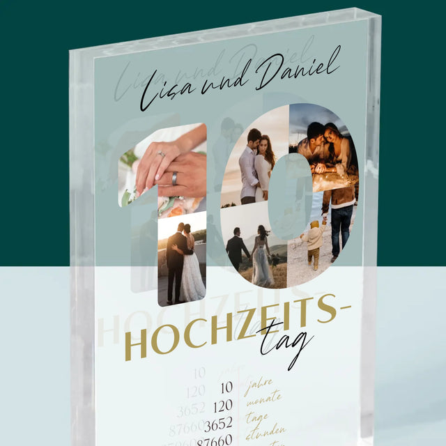 Buchstaben-Collage: 10. Hochzeitstag - Acrylblock