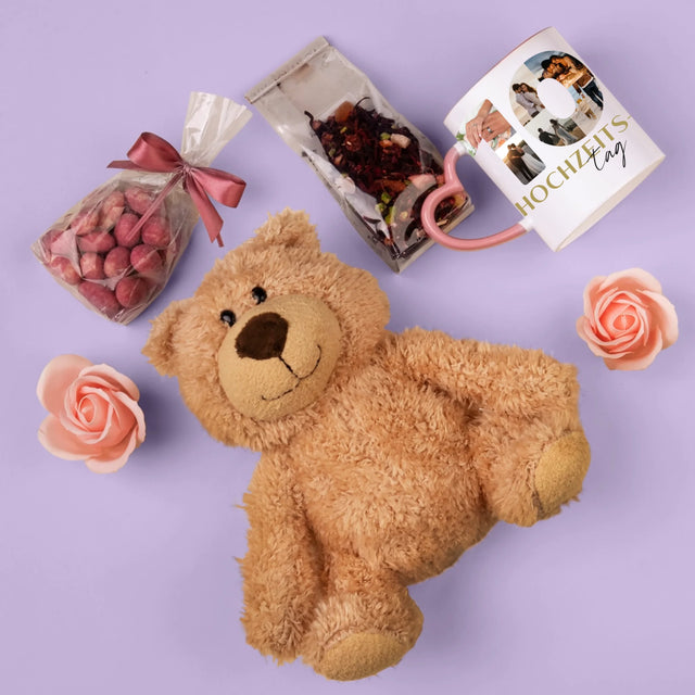 Buchstaben-Collage: 10. Hochzeitstag - Geschenkset Mit Tasse, Teddybär Und Süßigkeiten