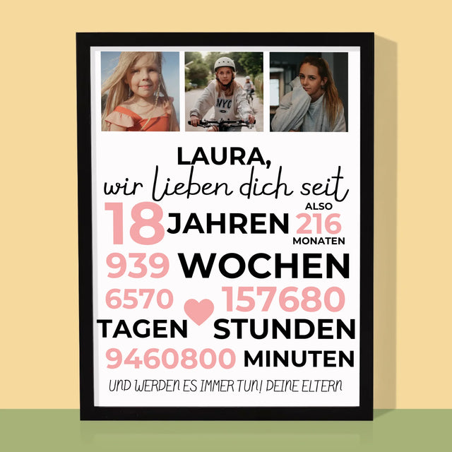 Fotocollage: Wir Lieben Dich Seit 18 Jahren - Druck Mit Rahmen 30X40