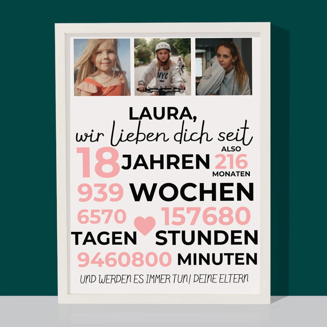 Fotocollage: Wir Lieben Dich Seit 18 Jahren - Druck Mit Rahmen 30X40