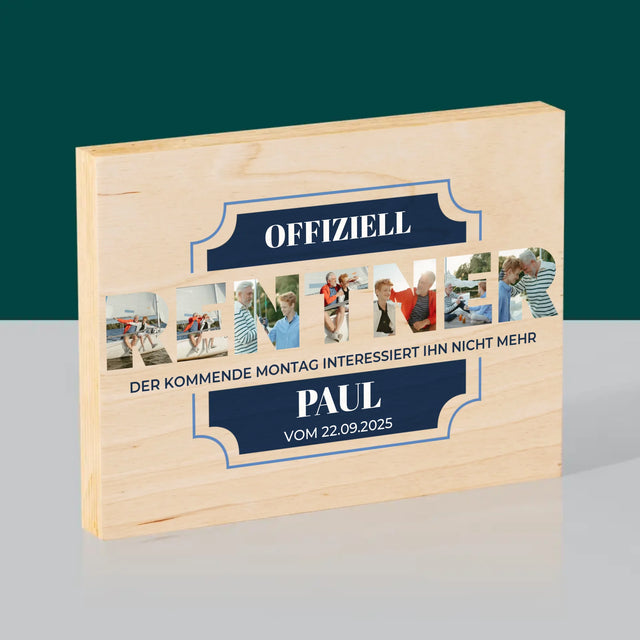 Buchstaben-Collage: Offiziell Im Ruhestand - Druck Auf Holz
