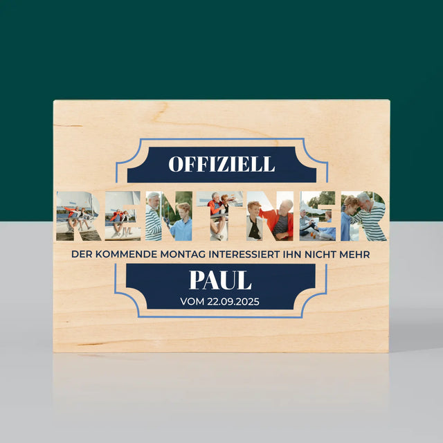 Buchstaben-Collage: Offiziell Im Ruhestand - Druck Auf Holz