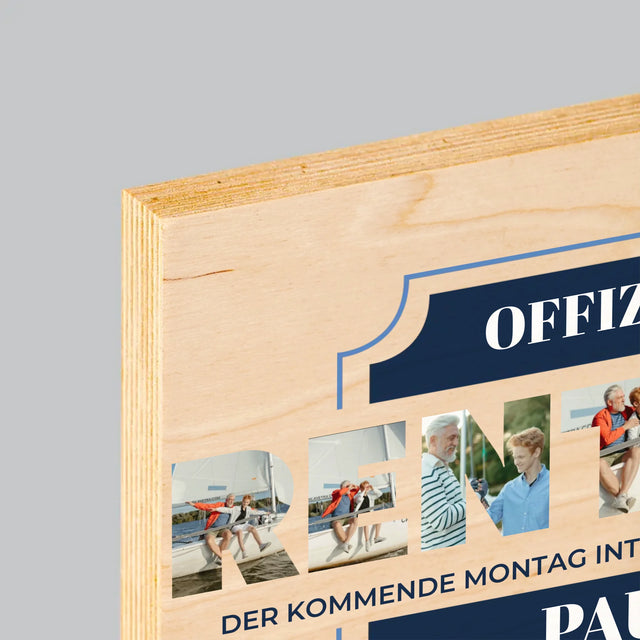 Buchstaben-Collage: Offiziell Im Ruhestand - Druck Auf Holz
