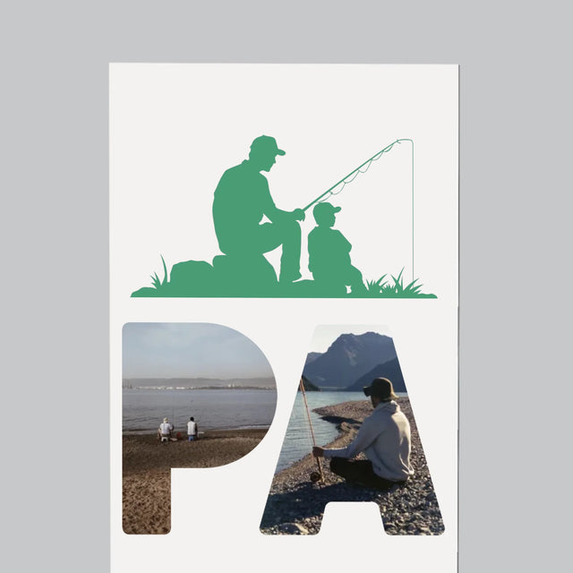 Buchstaben-Collage: Papa - Angler - Kühlschrankmagnet