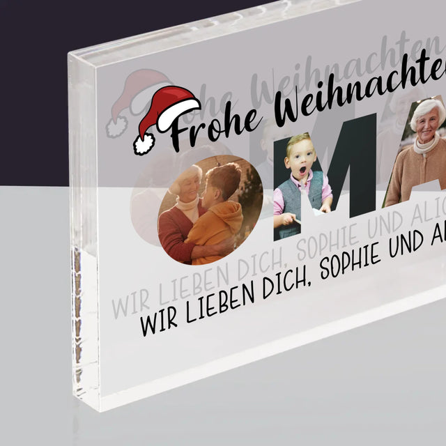 Buchstaben-Collage: Frohe Weihnachten Oma - Acrylblock
