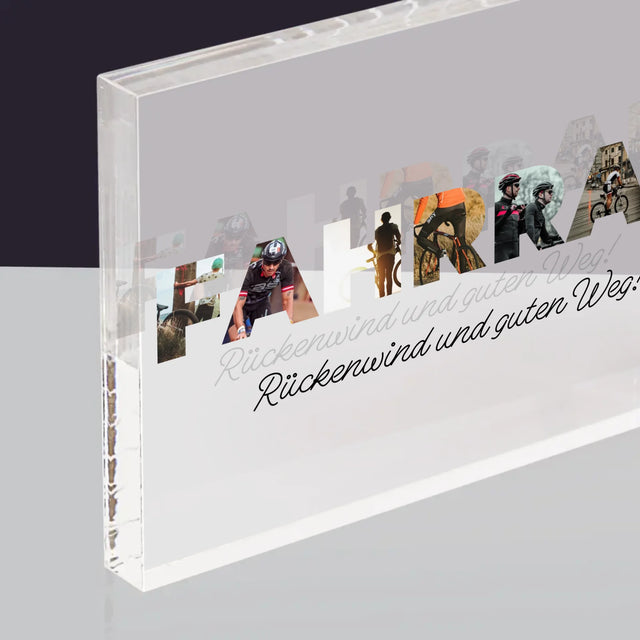 Buchstaben-Collage: Fahrrad - Acrylblock