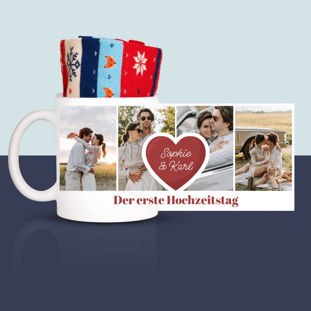 Fotocollage: Erster Hochzeitstag Herz - Wintersocken In Einer Tasse
